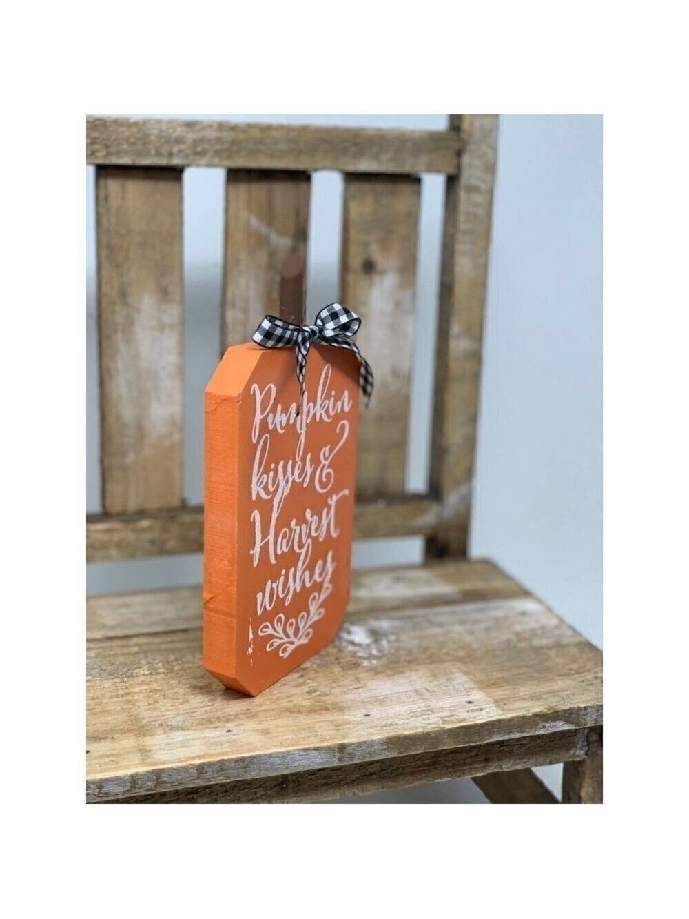 Pumpkin Harvest Sign Shelf Sitter Table Decor Wood 0range Buffalo Check Ribbon - Picture 3 of 7